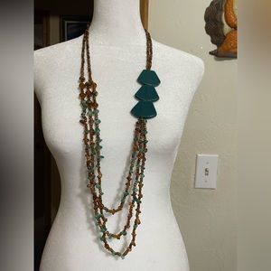 Beautiful Brown Bead and Turquoise Stone Approx 20” Layered Necklace.